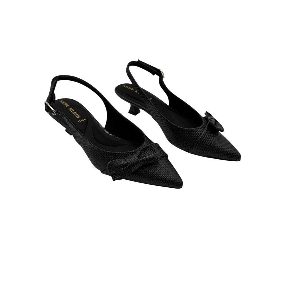 Anne Klein Ardalea Black Bow Accent Pointed Toe Slingback Kitten Heel Size 6 M